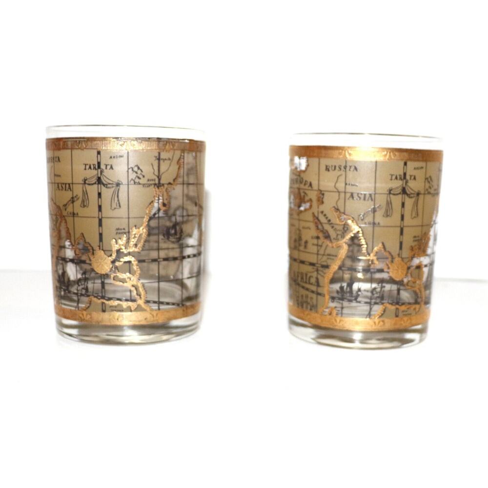 Cera 22K Gold Vintage Mid Century Modern World Maps On the Rocks/Old Fashion